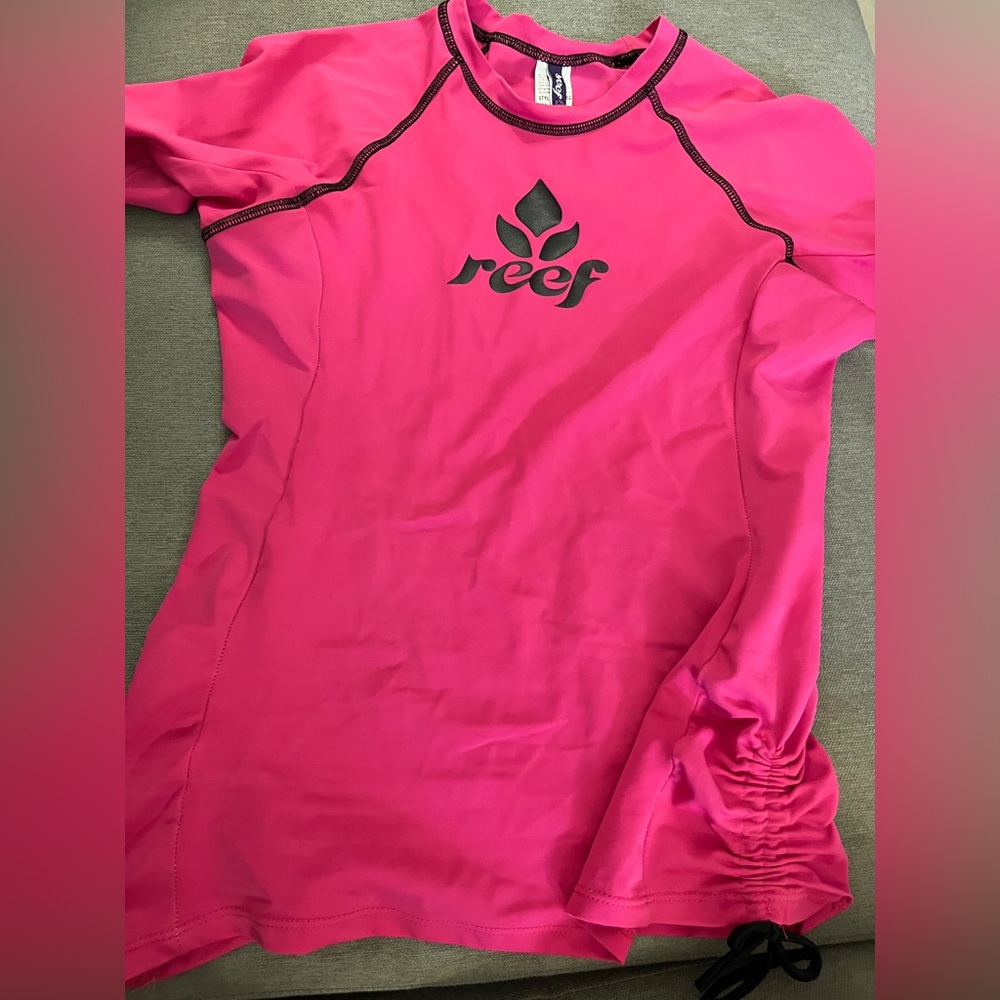 REEF Rashguard Hot Pink Bow Tie Up Ruched Swim Top Shirt UPF 50 Water Sport Suit
